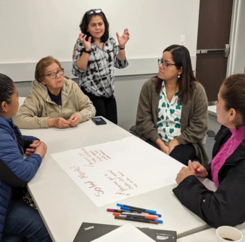 A group of Latina women sit around a table talking