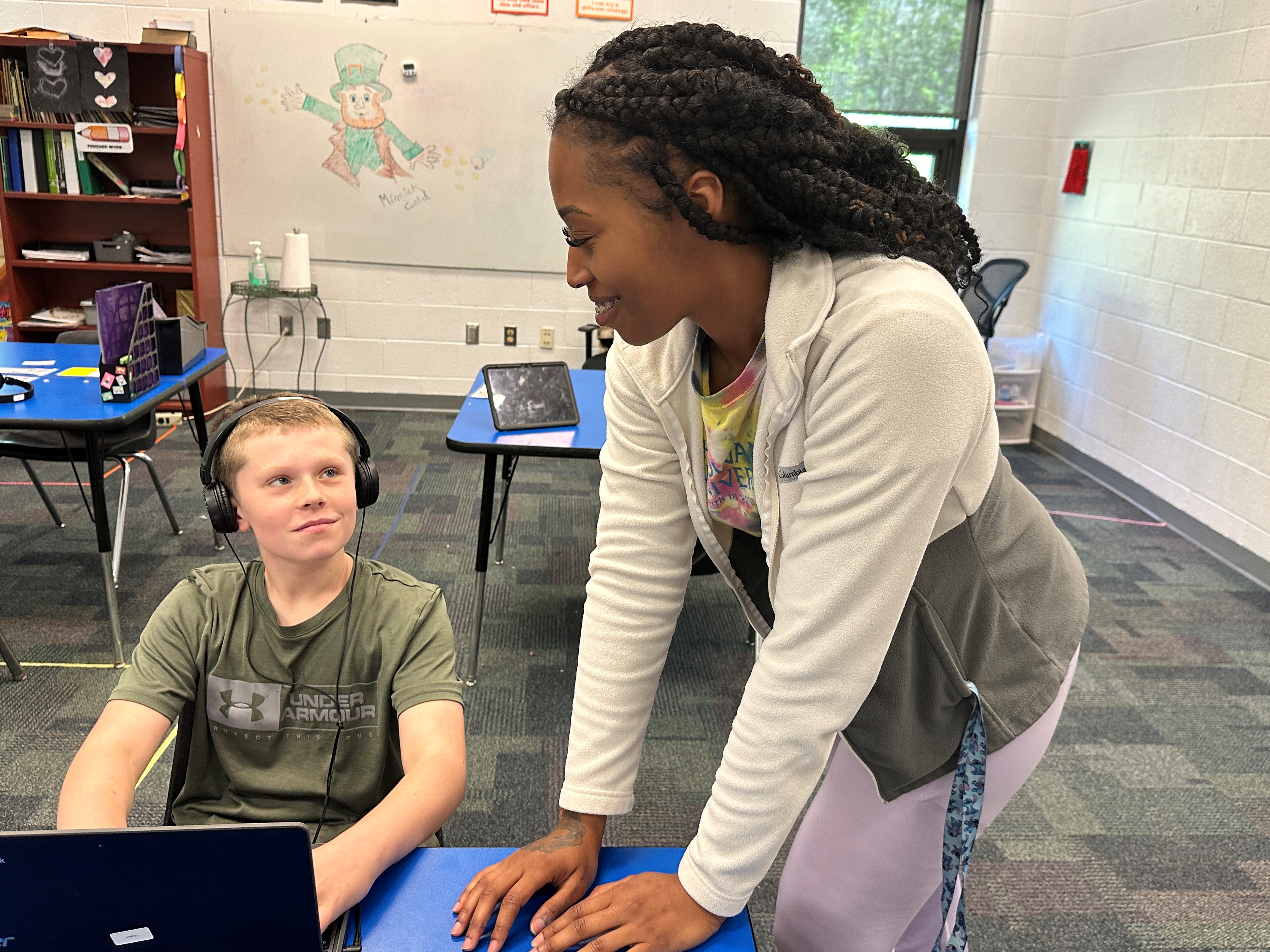 Shaun and Ms. Anderson in the classroom